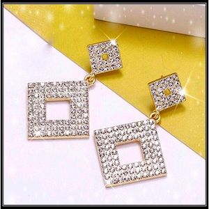 NEW GOLD GEOMETRIC SQUARE MOD STATEMENT CRYSTAL BLING DANGLING EARRINGS